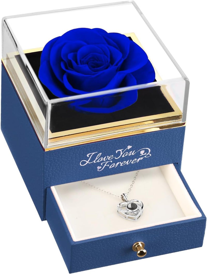 ASELFAD Preserved Flowers Real Blue Rose with I Love You Necklace - Eternal Rose Gifts for Her at Valentine's Day, Mother's Day, Christmas, Anniversary or Birthday - Image 1